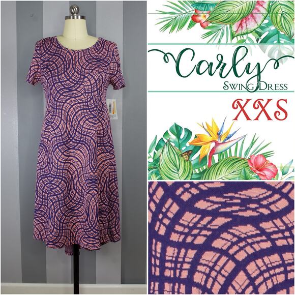 LuLaRoe Carly Dress XXS Wave Geo Purple Pink Jacquard High Low A-Line Swing - Picture 9 of 9